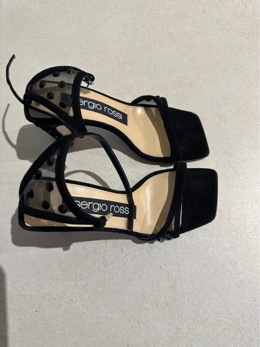 Sergio Rossi Black Polka Dot Mesh Ankle-Strap Heels